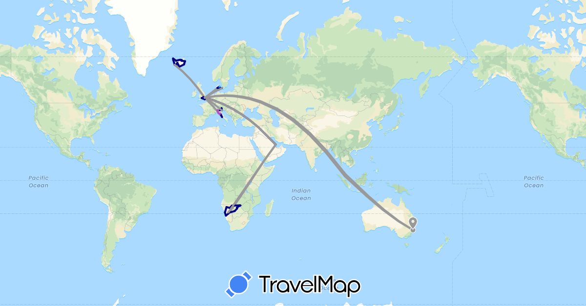 TravelMap itinerary: driving, plane, train, boat in Australia, Botswana, Denmark, United Kingdom, Iceland, Italy, Malaysia, Namibia, Qatar, Zambia (Africa, Asia, Europe, Oceania)